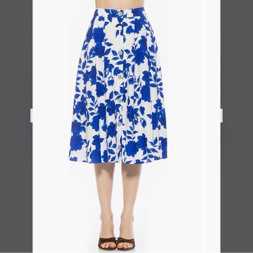 Alexia Admor Maya Linen Blend Midi Skirt in Blue Floral Size 8 - Picture 2 of 4